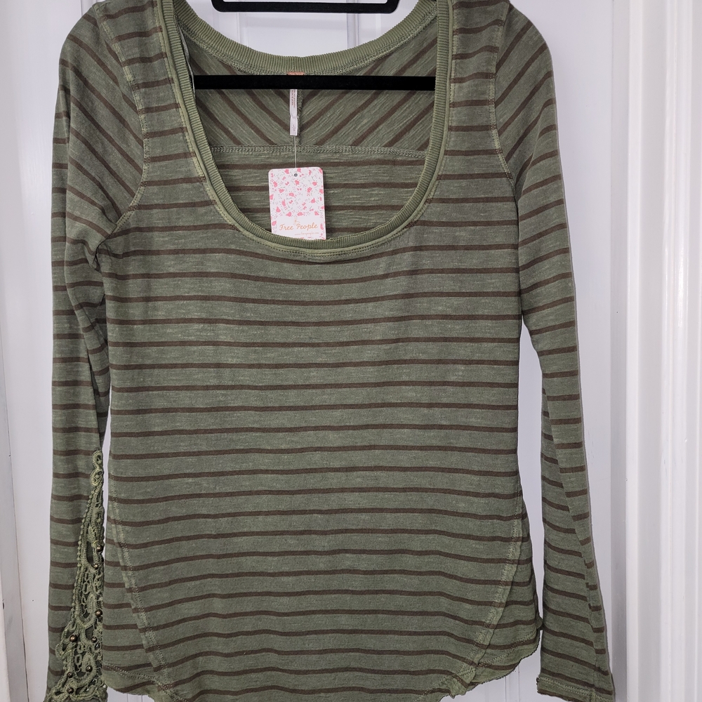 Free People Green Striped Long Sleeve Top